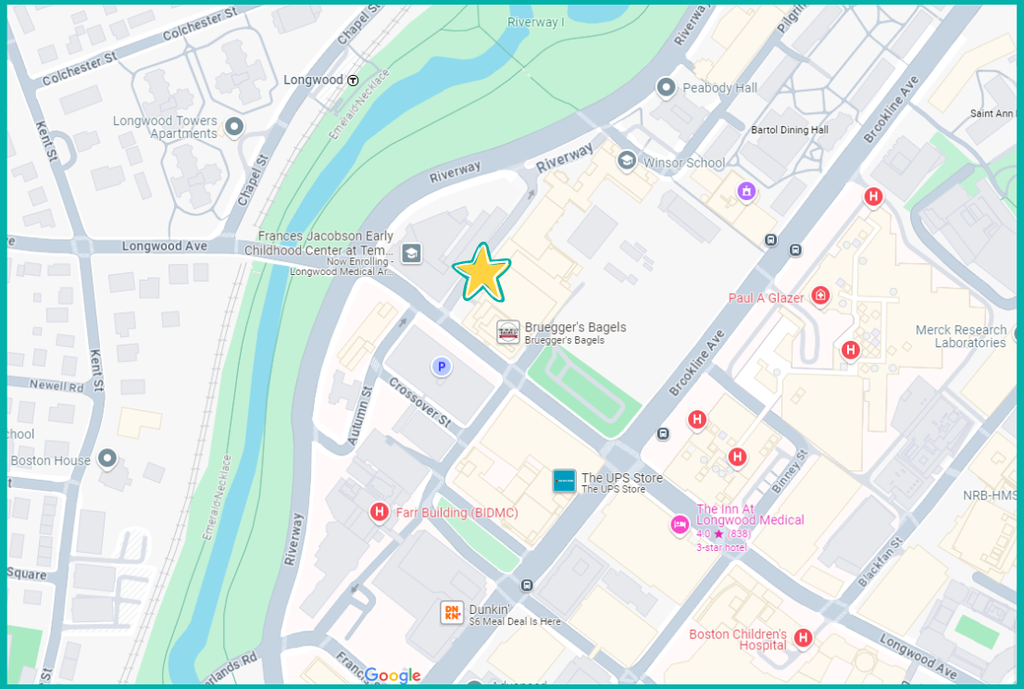 Map of the Longwood Medical area, showing the child care center's location with a star 